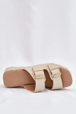 Klapki Damskie Na Koturnie Z Plecionką I Klamrami Beżowe Pasinea