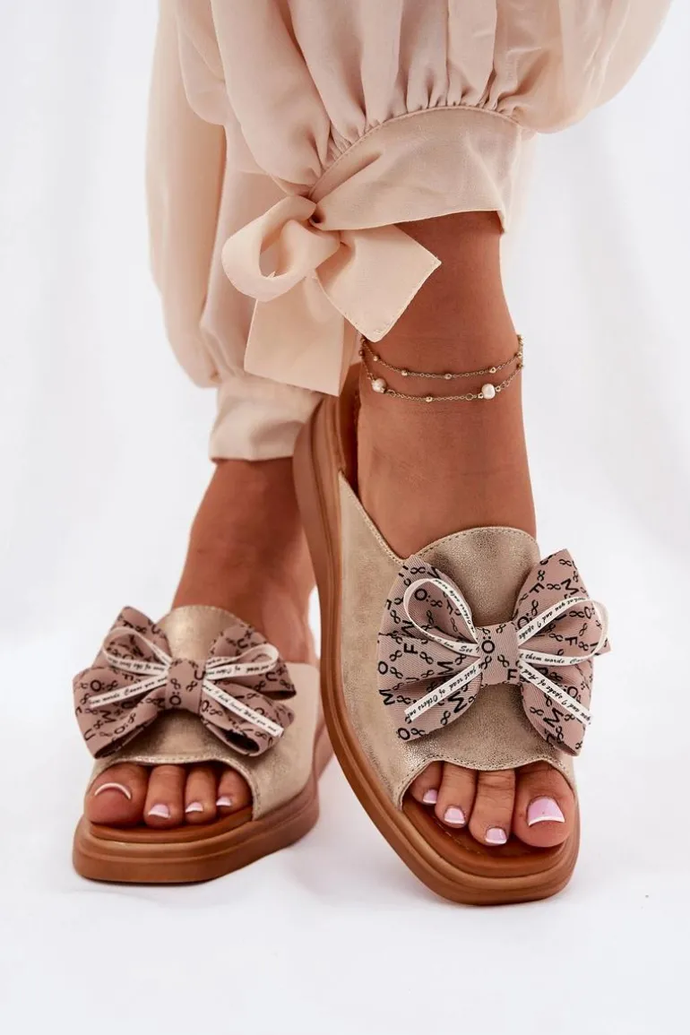 Klapki Damskie Na Koturnie Z Kokardą Złote Moonzella