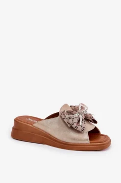 Klapki Damskie Na Koturnie Z Kokardą Złote Moonzella