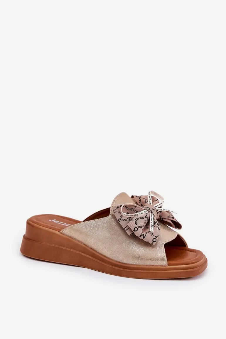 Klapki Damskie Na Koturnie Z Kokardą Złote Moonzella