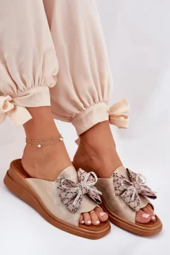 Klapki Damskie Na Koturnie Z Kokardą Złote Moonzella