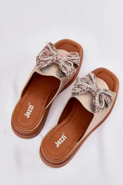 Klapki Damskie Na Koturnie Z Kokardą Złote Moonzella