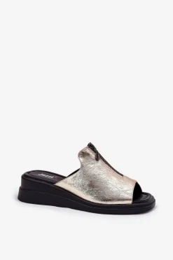 Klapki Damskie Na Koturnie Z Zamkiem Złote Irriva