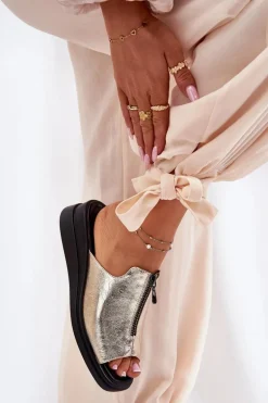 Klapki Damskie Na Koturnie Z Zamkiem Złote Irriva