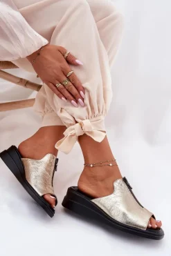 Klapki Damskie Na Koturnie Z Zamkiem Złote Irriva