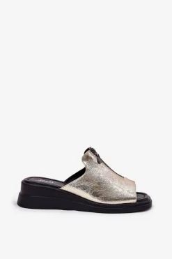 Klapki Damskie Na Koturnie Z Zamkiem Złote Irriva