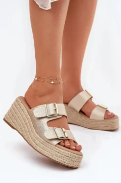 Klapki Damskie Na Koturnie Z Plecionką I Klamrami Złote Pasinea