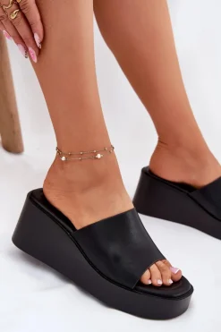 Klapki Damskie Na Koturnie Eko Skórzane Czarne Obenae