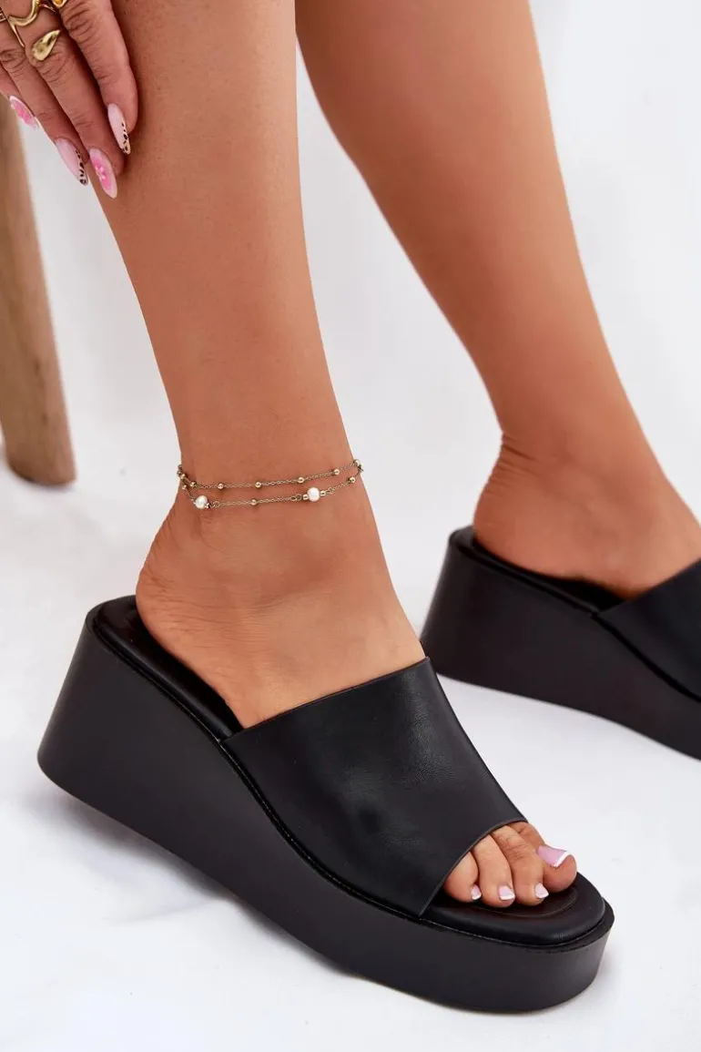 Klapki Damskie Na Koturnie Eko Skórzane Czarne Obenae