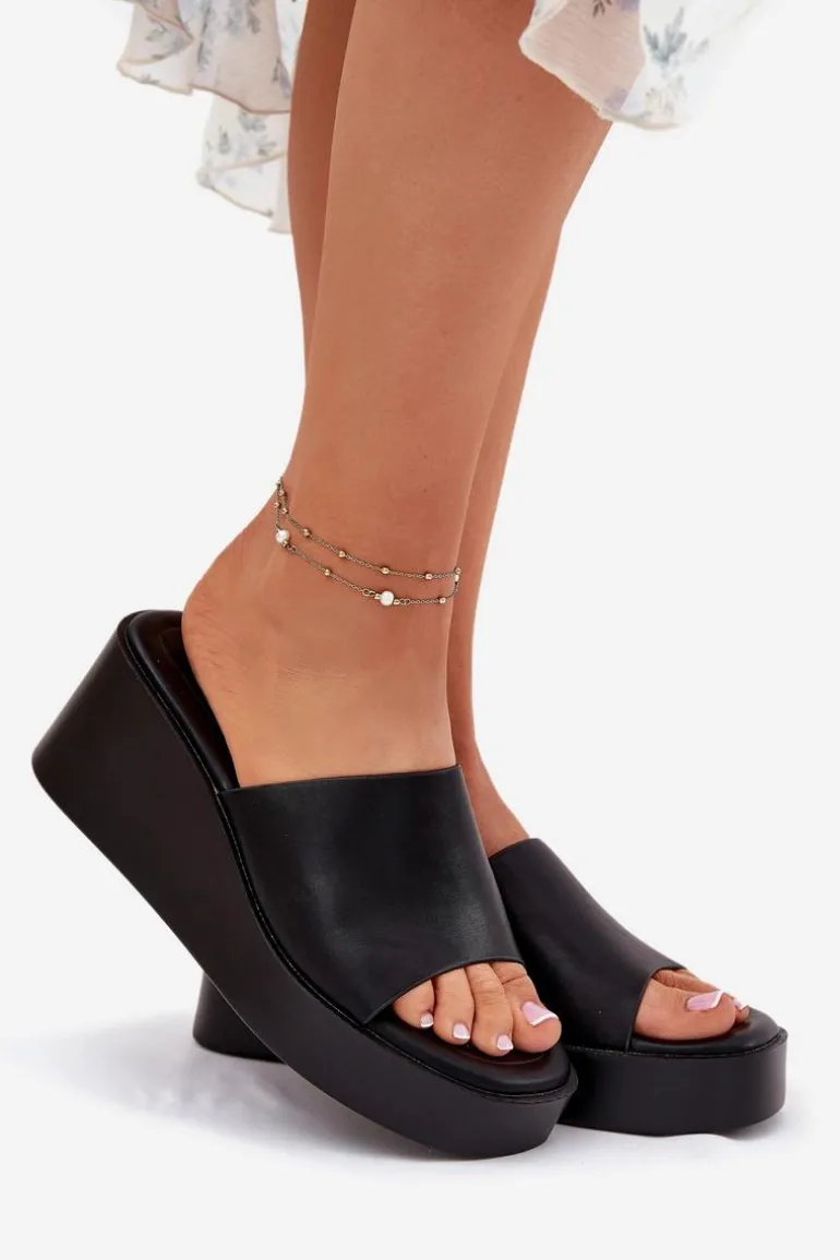 Klapki Damskie Na Koturnie Eko Skórzane Czarne Obenae