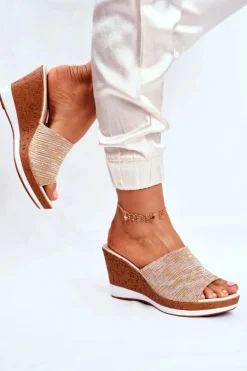 Klapki Damskie Na Koturnie Sergio Leone Beżowe SK320