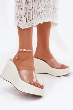 Klapki Damskie Na Koturnie Z Transparentnym Paskiem Białe Zolretia