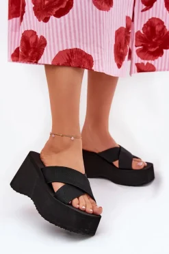 Klapki Damskie Na Koturnie I Platformie Czarne Sevolee