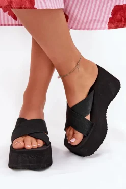 Klapki Damskie Na Koturnie I Platformie Czarne Sevolee