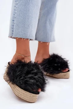 Klapki Damskie Na Koturnie Z Futerkiem I Plecionką Czarne Virela