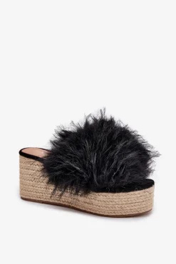 Klapki Damskie Na Koturnie Z Futerkiem I Plecionką Czarne Virela