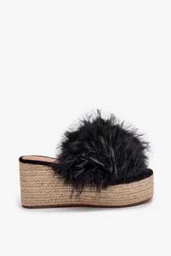 Klapki Damskie Na Koturnie Z Futerkiem I Plecionką Czarne Virela