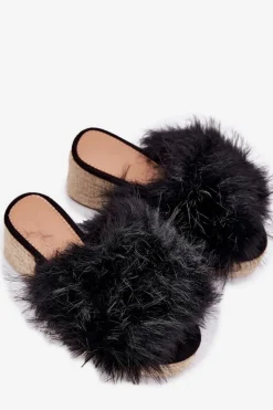 Klapki Damskie Na Koturnie Z Futerkiem I Plecionką Czarne Virela