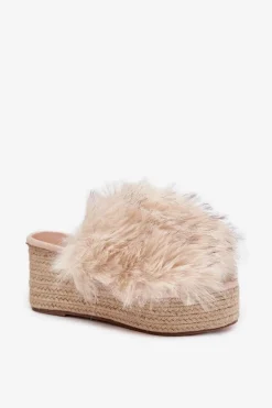 Klapki Damskie Na Koturnie Z Futerkiem I Plecionką Beżowe Virela
