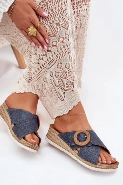 Klapki Damskie Na Koturnie Z Ozdobną Klamrą Inblu RV000012 Niebieskie