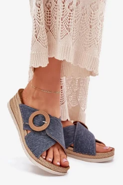 Klapki Damskie Na Koturnie Z Ozdobną Klamrą Inblu RV000012 Niebieskie