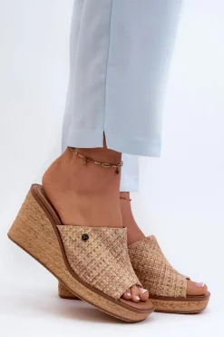 Klapki Damskie Na Koturnie Sergio Leone KL213 Beżowe