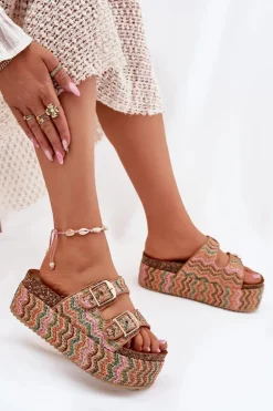 Klapki Damskie Na Masywnej Platformie Z Plecionką I Klamrami Multikolor Eradriana