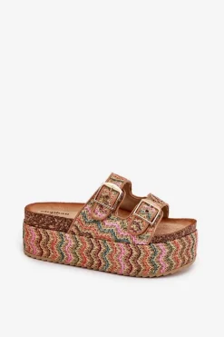 Klapki Damskie Na Masywnej Platformie Z Plecionką I Klamrami Multikolor Eradriana