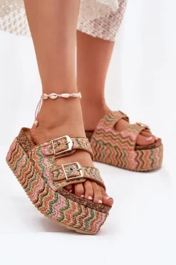 Klapki Damskie Na Masywnej Platformie Z Plecionką I Klamrami Multikolor Eradriana