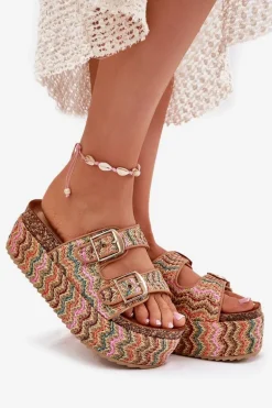 Klapki Damskie Na Masywnej Platformie Z Plecionką I Klamrami Multikolor Eradriana