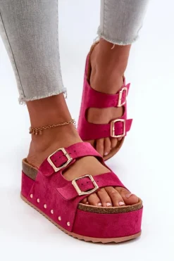 Klapki Damskie Na Masywnej Platformie Z Klamrami Fuksja Cremila