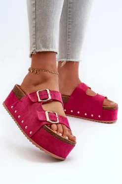 Klapki Damskie Na Masywnej Platformie Z Klamrami Fuksja Cremila