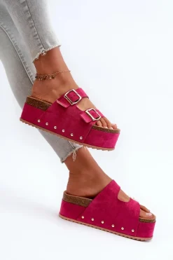 Klapki Damskie Na Masywnej Platformie Z Klamrami Fuksja Cremila