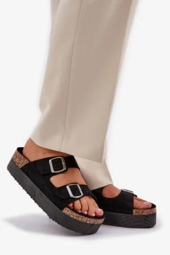 Klapki Damskie Na Masywnej Platformie Z Klamrami Czarne Aramia