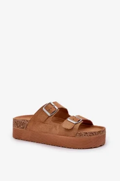 Klapki Damskie Na Masywnej Platformie Z Klamrami Camel Aramia