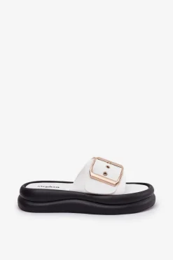 Klapki Damskie Na Masywnej Platformie Z Ozdobną Klamrą Białe Zelori