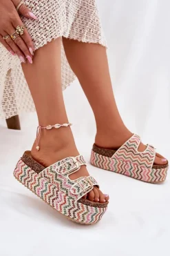 Klapki Damskie Na Masywnej Platformie Z Plecionką I Klamrami Multikolor Eradriana