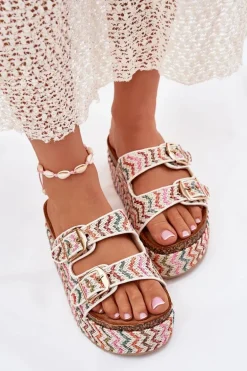 Klapki Damskie Na Masywnej Platformie Z Plecionką I Klamrami Multikolor Eradriana