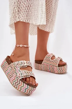 Klapki Damskie Na Masywnej Platformie Z Plecionką I Klamrami Multikolor Eradriana