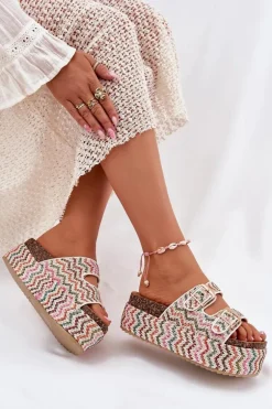 Klapki Damskie Na Masywnej Platformie Z Plecionką I Klamrami Multikolor Eradriana
