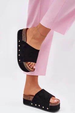 Klapki Damskie Na Masywnej Platformie Eko Zamszowe Czarne Vinnibe