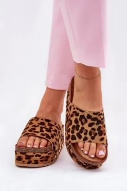 Klapki Damskie Na Masywnej Platformie Eko Zamszowe Panterka Brązowe Vinnibe
