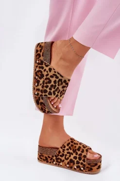 Klapki Damskie Na Masywnej Platformie Eko Zamszowe Panterka Brązowe Vinnibe