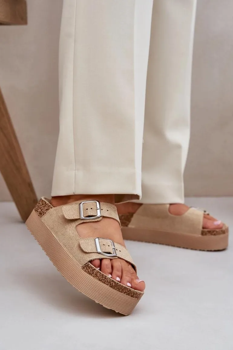 Klapki Damskie Na Masywnej Platformie Z Klamrami Beżowe Aramia
