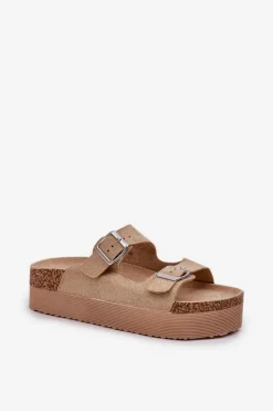Klapki Damskie Na Masywnej Platformie Z Klamrami Beżowe Aramia