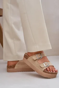 Klapki Damskie Na Masywnej Platformie Z Klamrami Beżowe Aramia