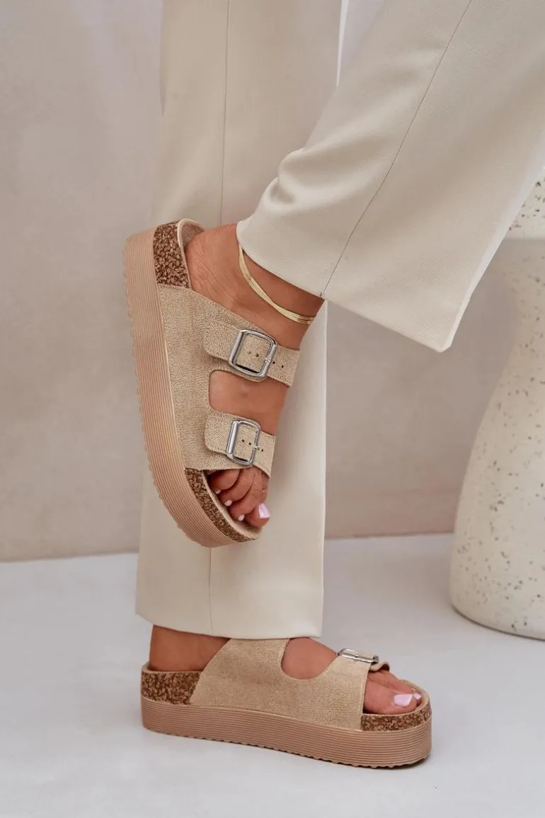 Klapki Damskie Na Masywnej Platformie Z Klamrami Beżowe Aramia