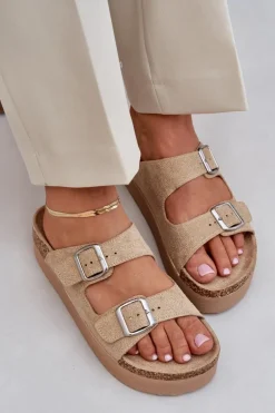 Klapki Damskie Na Masywnej Platformie Z Klamrami Beżowe Aramia