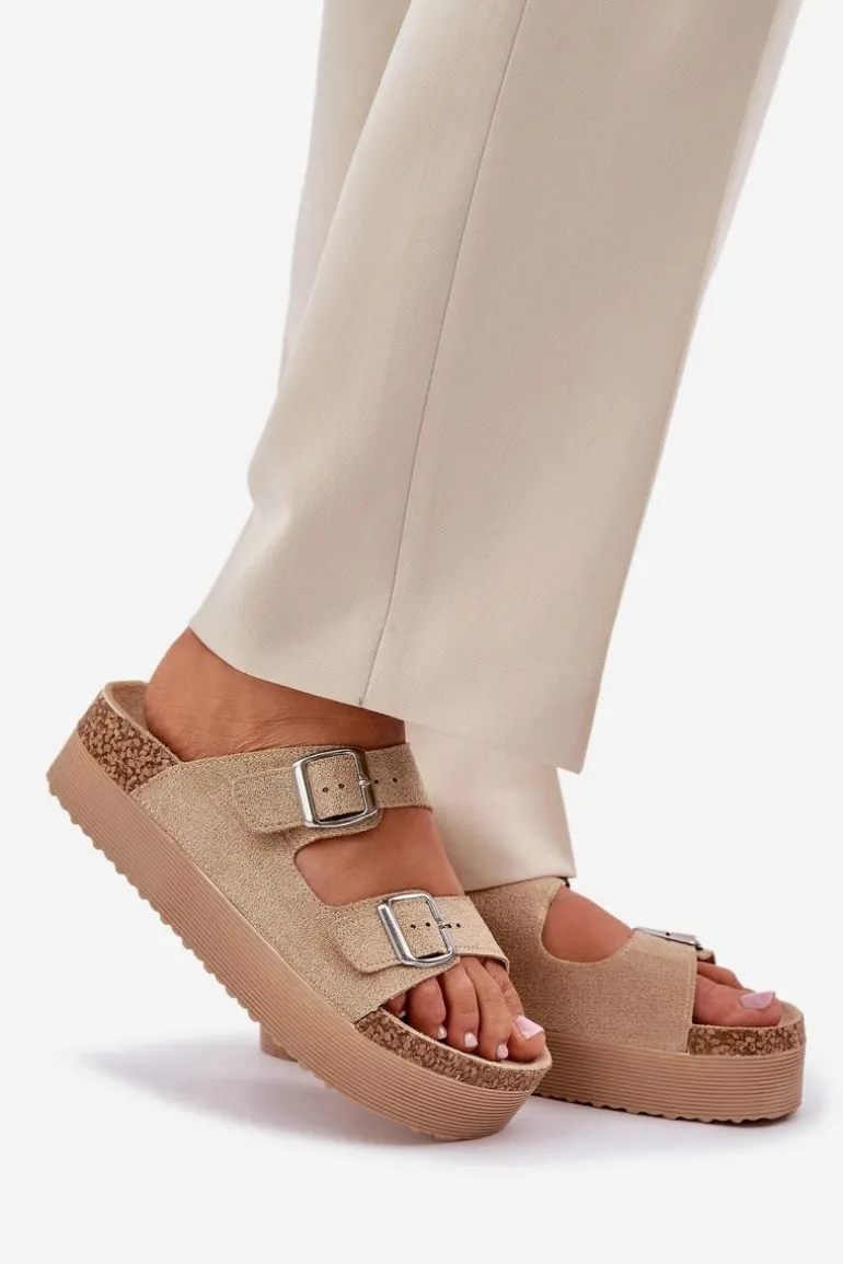 Klapki Damskie Na Masywnej Platformie Z Klamrami Beżowe Aramia