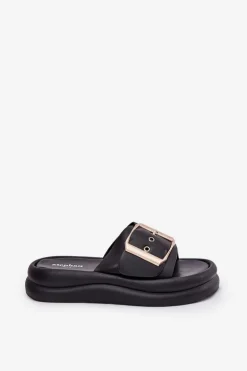 Klapki Damskie Na Masywnej Platformie Z Ozdobną Klamrą Czarne Zelori